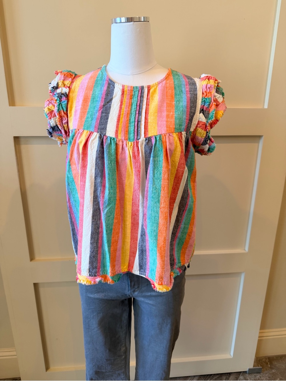 THML Bright Multicolor Striped Ruffle Sleeve Top